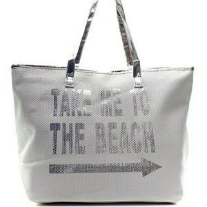 FUN SILVER CANVAS "TAKE ME TO THE BEACH" TOTE BAG